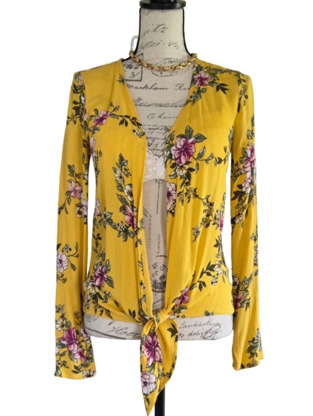NWOT Yellow Floral Tie Front Blouse.